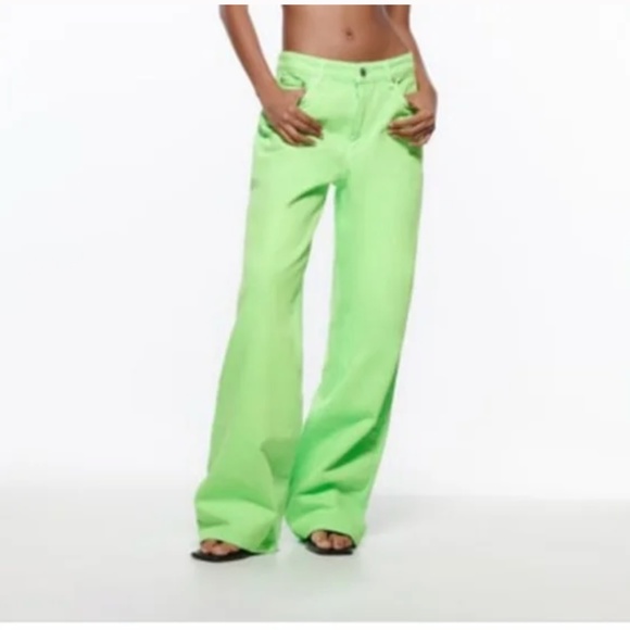 Zara neon green wide leg mid-rise full length jeans NWT - Picture 9 of 9